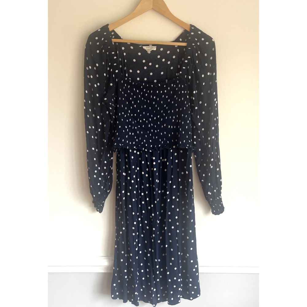 Seraphine Polka Dot Shirred Maternity Nursing Dress Size 8 Navy Blue